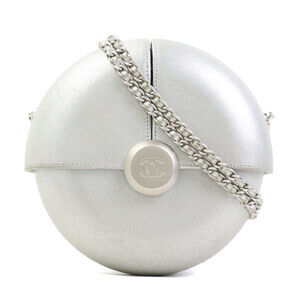 CHANEL Silver Lambskin Leather Shoulder Bag